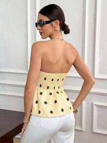 Blusa de verano plisada con lazo frontal a lunares para mujer - Amarillo - Ver 2