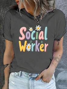 1 camiseta de mujer con estampado de trabajadora social - divertidos y suaves estampados florales y geométricos, top casual de cuello redondo suave y elástico, mangas cortas transpirables para comodidad en todas las estaciones, lavable a máquina, camiseta con temática de trabajadora social, elasticidad media, top cómodo, 180g 100% algodón. - Negro - Ver 8