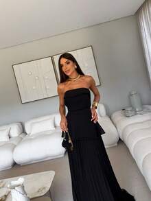 Long Strapless Chiffon Party Dress Without Glitter For Bridesmaids At A Daytime Wedding. - 黑色 - 查看 4