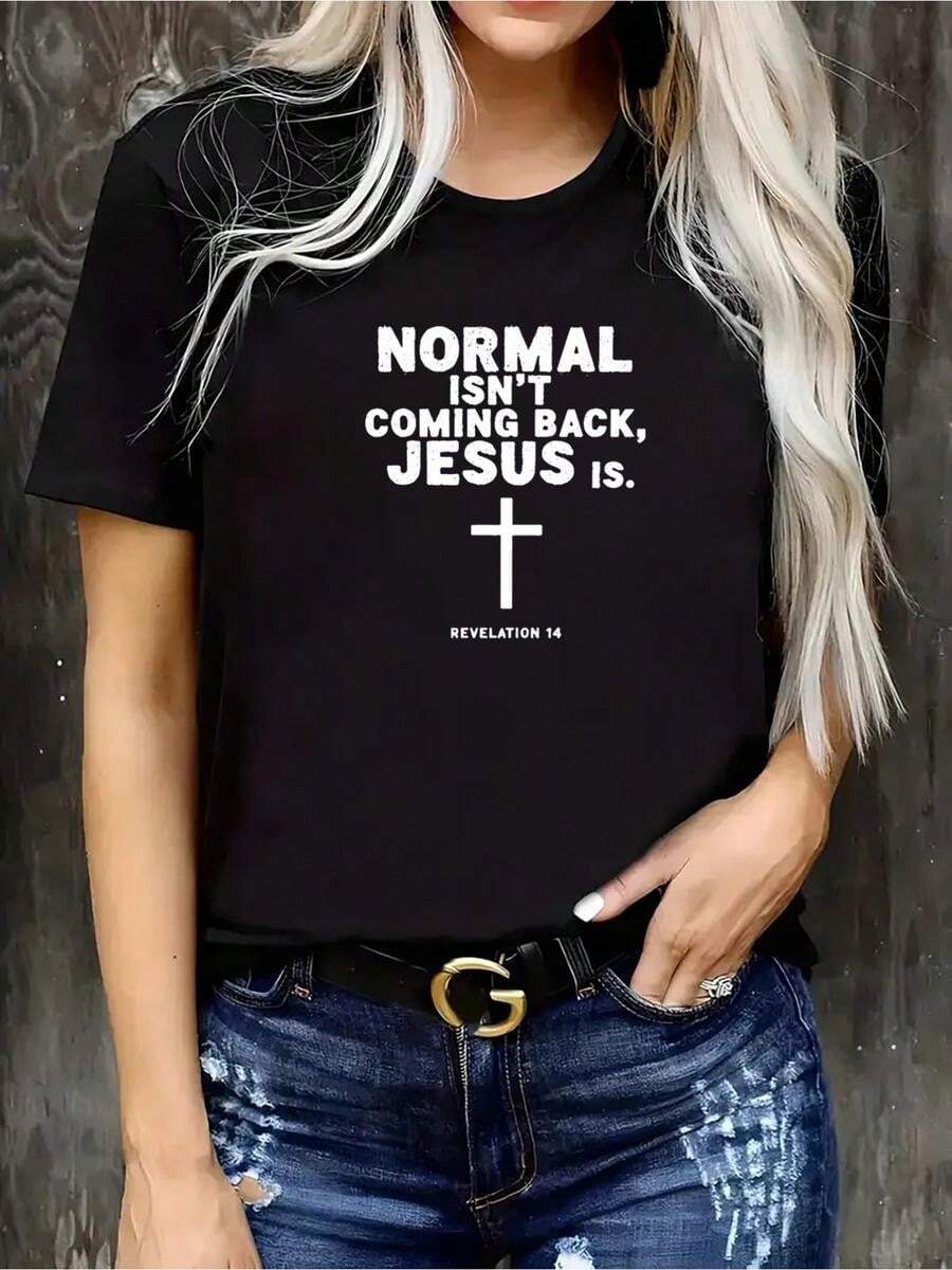 1 pieza de playera de manga corta 100% algodón, cuello redondo casual con estampado, dise?o de la cruz.Jesús vendrá, manga corta transpirable para uso diario - Negro - Ver 1