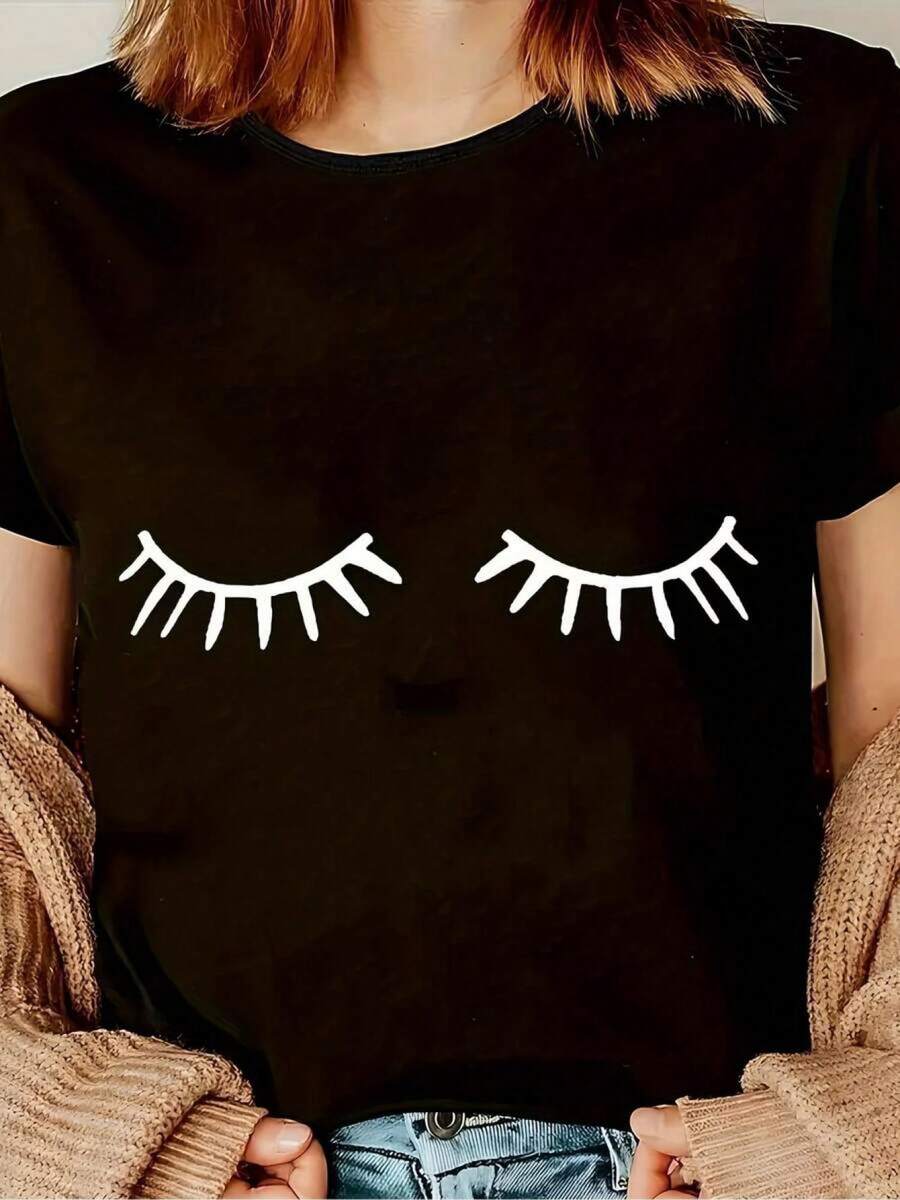 Y2K T-Shirt With A Minimalist Closed-Eyes Design In Black For A Modern And Relaxed Look, Ideal For Fashion Enthusiasts In Mexico. Highlight Your Unique And Comfortable Style With This Essential KN3K Wardrobe Staple. - 黑色 - 查看 1