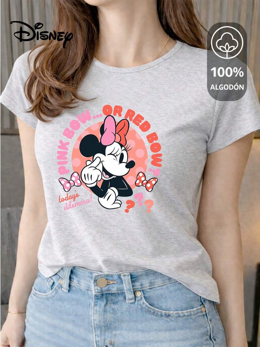 Women's T-Shirt Made Of 100% High-Quality Cotton. This T-Shirt Guarantees Exceptional Softness To The Touch, A Round Neck With A "Disney Minnie Pink Or Red Bow" Print, And Short Sleeves. - 淺灰色 - 查看 1