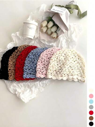 1 chiếc mũ len dệt kim đính sequin rỗng mùa hè, mũ beanie móc thủ công đa năng kiểu cổ điển, mũ mỏng nhẹ chống nắng, khăn trùm đầu màu nâu macaron thời trang.