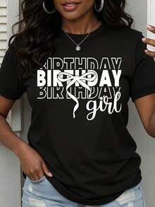 Women's Crew Neck T-Shirt With Birthday Print, Casual Style For Everyday Wear - Vintage Urban Style, Unisex, Loose Fit, Cotton, Short Sleeve, 100% Pure Cotton - 黑色 - 查看 6