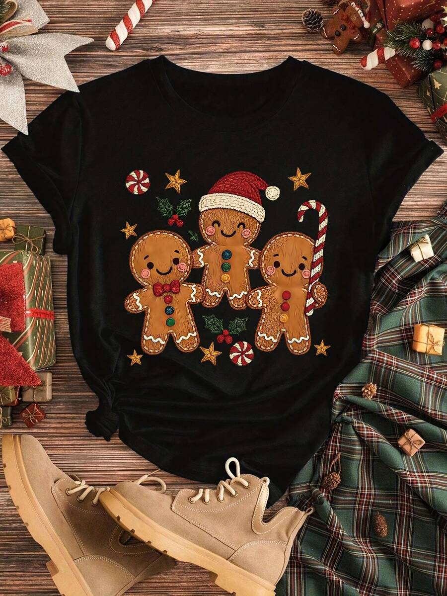 2026Camiseta estampada para mujer con diseño navideño de galletas de jengibre para hombre - Manga corta ajustada, cuello redondo, top casual con puntos de esmalte, conjunto elástico para fiestas de Navidad (Jengibre y Diseño)2026 - Negro - Ver 1
