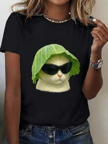 Camiseta de Cuello Redondo para Mujer de Talla Grande - Diseño de gato y repollo, transpirable, informal para verano, sencilla, elegante, cómoda para todas las estaciones Blusas Para Mujer Casual - Negro - Ver 7