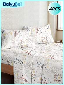 4pcs White Base Multi Color Floral Leaf Butterfly Pattern Sheet Set Easy Care Microfiber Soft Bedding Set Fitted Sheet Set (1pc Flat Sheet+1pc Fitted Sheet+2pcs Pillowcases) Fitted Sheet Set King Queen Full TWIN SIZE Sheet Deep Pocket Up To 11.8 Inch Pillowcase, Soft Breathable Wrinkle-Free Better For Sleep, Luxury Hotel Style,Minimalist Cottage Core Bed Linen - Multicolor - View 2