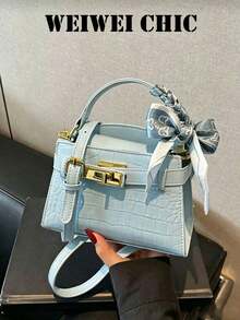 Stylish Mini Kelly Hand Bag Features A Multi-Colored Crocodile Embossed Design And Comes With A Matching Scarf, Featuring A Metal Clasp And An Adjustable Crossbody Strap. Suitable For College Students, Working Professionals, And Stay-At-Home Moms, It's Ideal For Commuting, Vacations, Shopping, Or Birthday Parties. - Multicolor - View 1