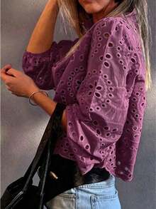 Camisa de verano con volantes bordados y nudo delantero de unicolor para vacaciones - Color caoba - Ver 3