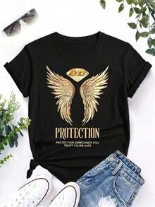 1 Piece Women's Crew Neck T-Shirt With Angel Wing Print And Y2K Slogan - Soft, Micro-Stretch, Non-See-Through Fabric, Washable, Casual Short Sleeve Top, Casual Wear, Fashion For All Seasons, Bold Graphic T-Shirt, Easy Care Clothing, Relaxed Cut, Retro Style, Comfortable Fit, Printed T-Shirt, Minimalist Style Sweatshirt For Fashion Lovers. - 黑色 - 查看 1