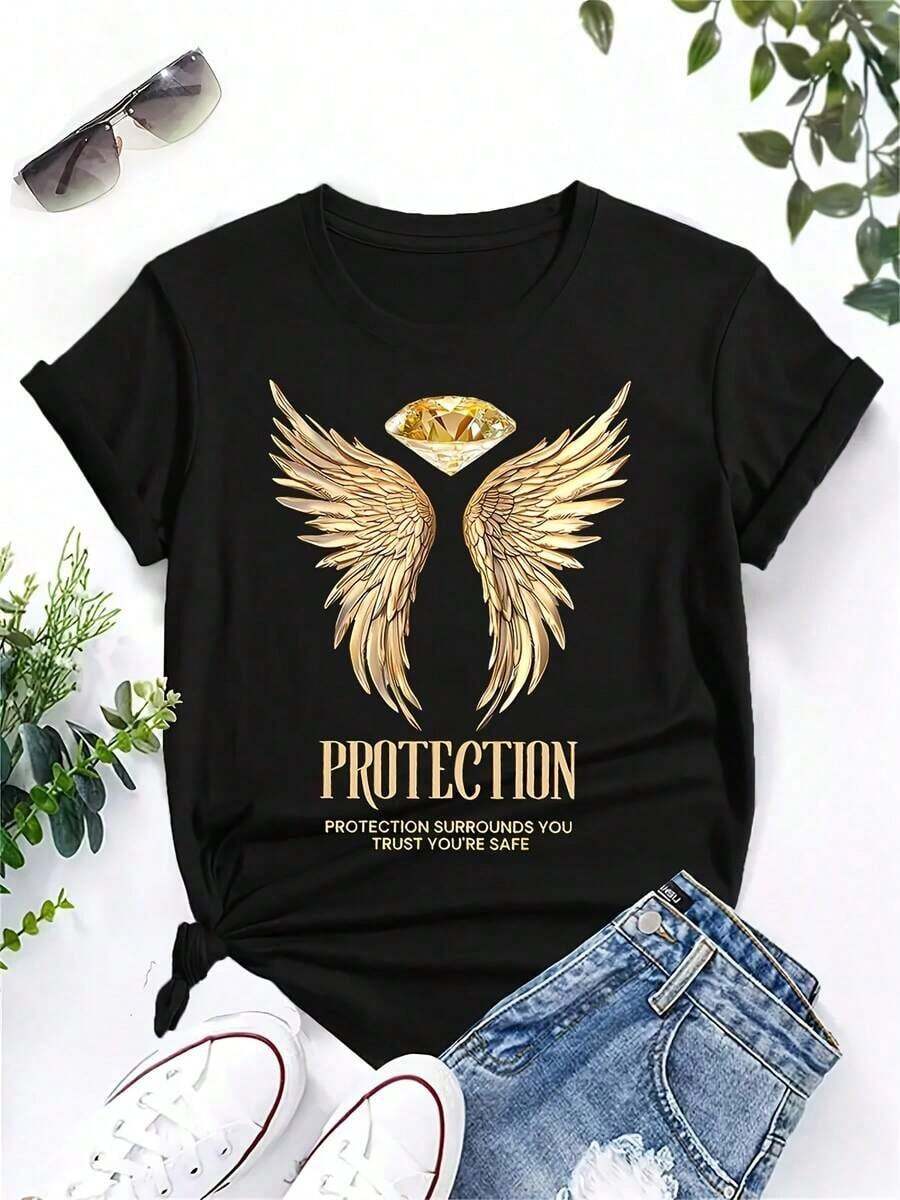 1 Piece Women's Crew Neck T-Shirt With Angel Wing Print And Y2K Slogan - Soft, Micro-Stretch, Non-See-Through Fabric, Washable, Casual Short Sleeve Top, Casual Wear, Fashion For All Seasons, Bold Graphic T-Shirt, Easy Care Clothing, Relaxed Cut, Retro Style, Comfortable Fit, Printed T-Shirt, Minimalist Style Sweatshirt For Fashion Lovers. - 黑色 - 查看 1