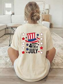 [Double-Sided Print] Women's Short-Sleeved, Crew-Neck T-Shirt In A Casual Style, Featuring A US Independence Day Print That Combines The Star-Spangled Banner With Star-Shaped Text. Machine Washable, Suitable For Casual Wear, Versatile Clothing, A  And Fashionable T-Shirt Made Of Comfortable Material, Perfect For Fashion Enthusiasts. - 杏色 - 查看 3