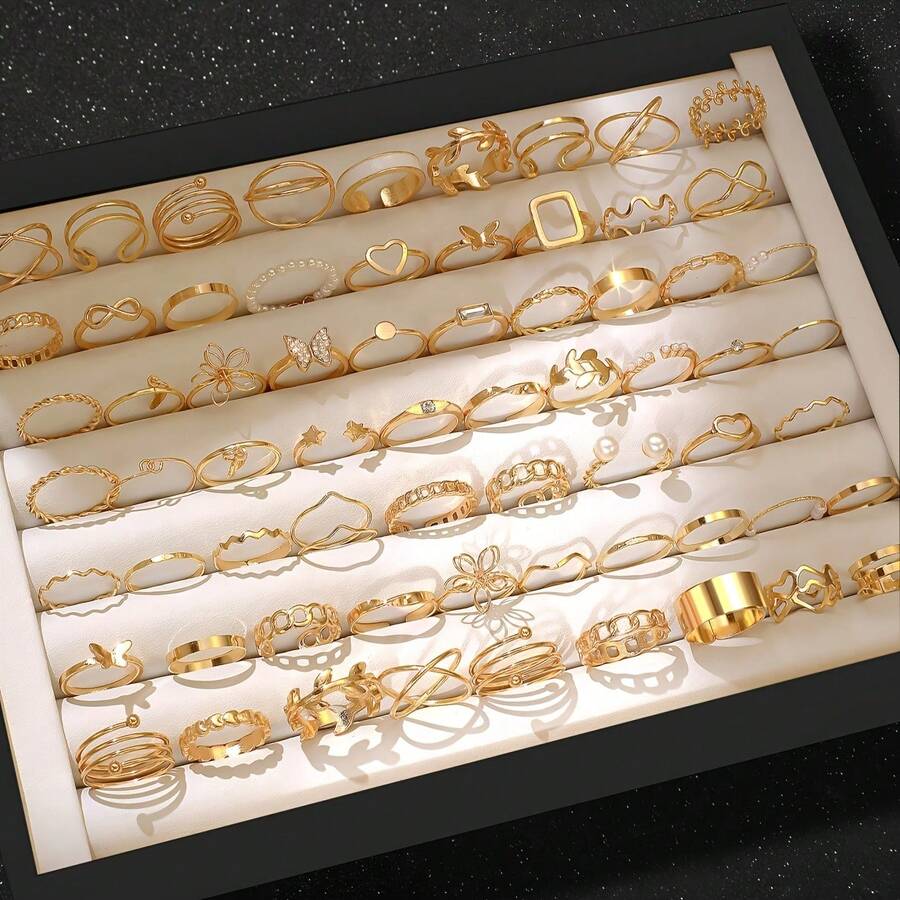 62/23/21/18pcs Set Golden And Silvery Rings, Elegant Simple Fashion Rings With Distinctive Geometric Patterns Like Heart, Star, Shiny, Wave, Twist, Infinity Symbol. Suitable For Festivals, Vacations, Parties, Dates, Daily Wear And Various Occasions (No Box) - Yellow Gold - View 1