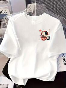 T-Shirt With A Cat Eating Ramen Print, Japanese Cuisine, Short Sleeves, Round Neck, Casual Top For Summer And Spring, Women's Clothing - 白色 - 查看 8