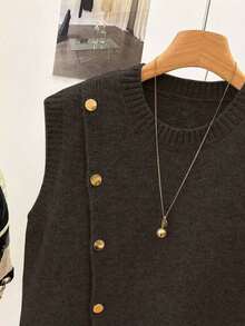1 pieza Chaleco sin mangas de punto de unicolor con cuello redondo corto, diseño asimétrico con botones, accesorio de moda, chaleco versátil de punto para el verano - Café integral - Ver 6