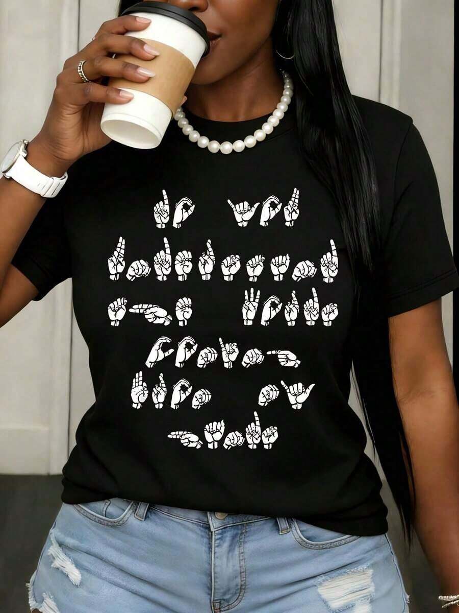 RadarSign Women's "I Love You In Sign Language" T-Shirt, White, Casual, With Pearls And Coffee Mug, Fashion Gift For The Deaf Community, Awareness Day, Wearable Art, Vintage Urban Style, Unisex, Cotton, Short Sleeve, Round Neck, Loose Fit - 黑色 - 查看 1