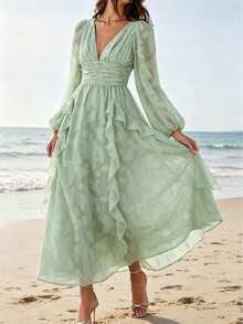 Deep V Neck Long Puff Sleeve Ruched Waist Ruffle Flowy Wedding Guest Dress For Garden Wedding Guest, Picnic Date, Beach Vacation, And Tea Party - Green - View 1