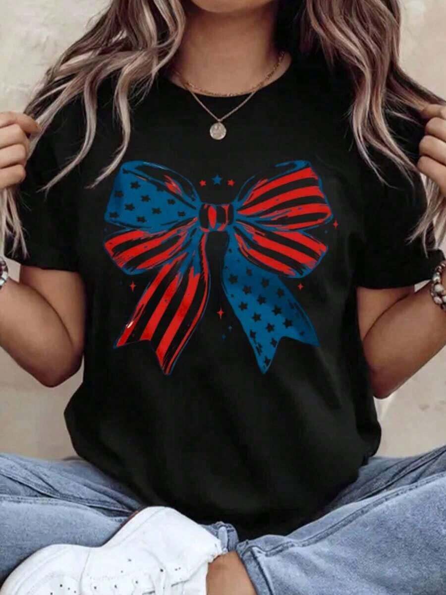 Women's Patriotic T-Shirt With American Flag Bow, 4th Of July Independence Day Celebration, Casual Summer Top, Red And Blue Star And Stripe Graphic Design For National Day Party, Women's T-Shirts - 黑色 - 查看 1