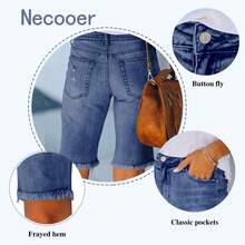Necooer Women Jean Shorts Ripped Casual Summer Mid Waist Stretchy Five Points Denim Jean Shorts - Xanh lam - 2 - Xem 5