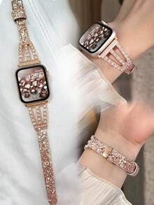 Dây đeo đồng hồ nữ tương thích 38mm/40mm/41mm/42mm/44mm/45mm/46mm/49mm, thiết kế thời trang cao cấp, phụ kiện kim loại đính đá sáng tạo màu vàng hồng, dây da mềm màu vàng hồng tương thích Ultra 3/2/1/SE/S11/S10/S9/S8/S7/S6/S5/S4/S3/S2/S1, trang trí đá kim cương sang trọng lấp lánh, phù hợp tiệc bãi biển mùa hè, dạ hội, quà tặng Ngày Nhà giáo, du lịch và nghỉ dưỡng, vòng đeo tay đồng hồ thông minh 38mm/40mm/41mm/42mm/44mm/45mm/49mm - Vàng hồng - Xem 3