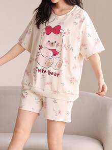 [Đồ ngủ AICJ] Bộ đồ ngủ nữ đơn giản, thoải mái 2 món, áo thun ngắn tay cổ tròn in hình gấu bông hoạt hình và hoa, cùng quần short, thích hợp làm quà tặng Ngày của Mẹ, Ngày Valentine, quà năm mới. - Nhiều màu - Xem 2