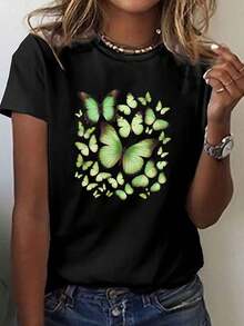 Camiseta de Mujer con Estampado Geométrico de Mariposas Verdes - Manga Corta, Cuello Redondo, Estilo Casual, Tela Transpirable de Elasticidad Media, Lavable a Máquina, Ajuste Cómodo para Todas las Temporadas - Negro - Ver 8