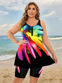 Swim Lushoire Traje de baño tankini conservador con estampado floral digital para mujeres de talla, traje de baño para fiestas en la playa y vacaciones para mamás que estilizan la figura - Multicolor 2 - Ver 5
