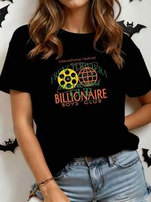 French Riviera International Festival With Artistic Lettering That Celebrates The Energy Of The Heart And Mind, Reflecting A Nautical And Cheerful Style. Modern Casual Women's T-Shirt - 黑色 - 查看 8