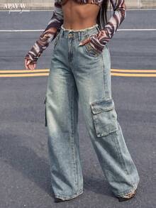 Amerikanischer Stil Jeans mit Kunstfell-Bund, lässig, abgenutzt, gerader Beinschnitt, Herbst - nostalgische Farbe - Übersicht 2
