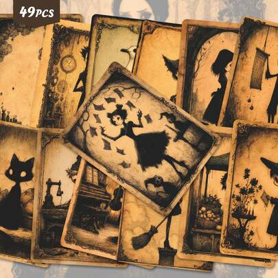 49pcs Vintage Gothic Dark Fairytale Stickers Pack | Aesthetic Retro Engraving Witch & Black Cat Art Graphics | Vinyl For Tablet, Water Bottle & Gift Decoration