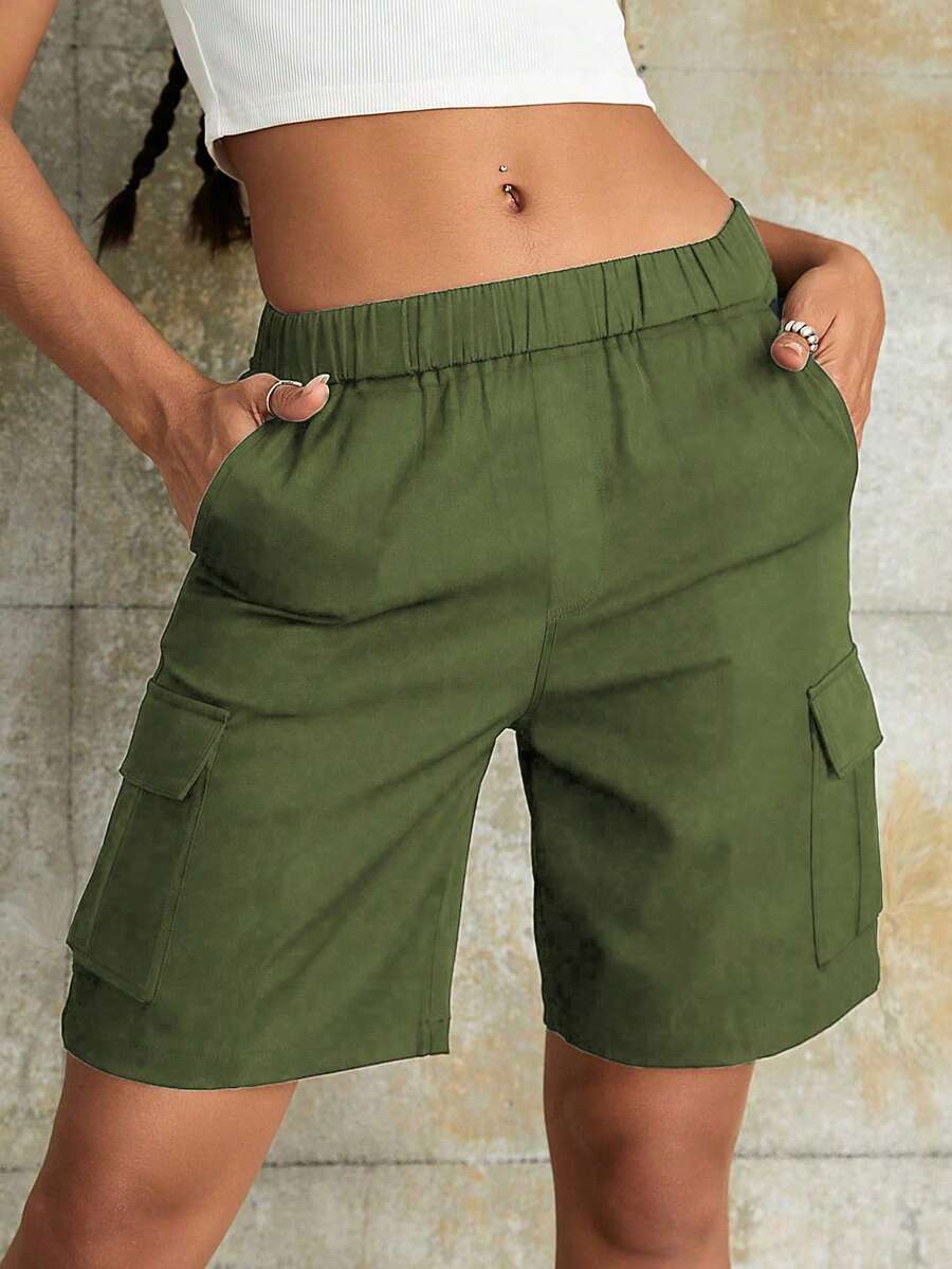 1 Peça Shorts Cargo Casual Solto para Adolescentes Femininas com Múltiplos Bolsos, Estilo Esportivo Chique, Shorts Utilitários para Uso Externo, Primavera/Verão - Verde Militar - Visão 1
