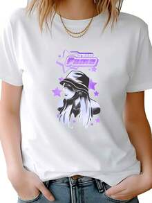 Limited Time Offer, Limited Quantity Available, Lightning, Women's Shirts, Women's T-Shirts. Girls' Y2K Print Short Sleeve T-Shirt, Feminine Style, 1 Piece, Gildan Plain Color T-Shirt, Comfortable Round Neck, Soft Casual Top. - 白色 - 查看 1