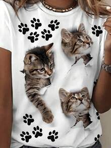Camiseta Deportiva Casual para Mujer con Gráfico de Huellas de Gato y Caritas de Gatito - Camiseta Blanca de Cuello Redondo, Elástica y Lavable aáquina, Ajuste Cómodo y Apta para Todas las Estaciones, para Amantes de los Gatos. - Blanco - Ver 1