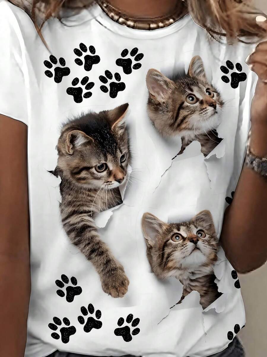 Camiseta Deportiva Casual para Mujer con Gráfico de Huellas de Gato y Caritas de Gatito - Camiseta Blanca de Cuello Redondo, Elástica y Lavable aáquina, Ajuste Cómodo y Apta para Todas las Estaciones, para Amantes de los Gatos. - Blanco - Ver 1