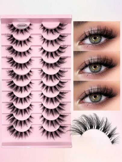 ENCHUW 10 Pairs Natural Look Eye Lashes 3D Clear Band Lashes Wispy Faux Mink Eyelashes Fluffy Fake Eyelashes For Daily Wear