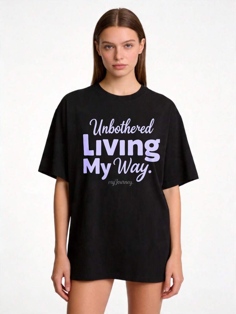 Estilo casual urbano premium, de una sola pieza, de corte holgado, unisex, camiseta 100% elegante con cuello redondo, ajuste suelto, camiseta básica, estampado " of Carefree Living", adecuada para uso en casa y conjuntos de pareja, perfecta para el uso diario en primavera y verano, un regalo ideal para amigos y familiares, ecológica. - Negro - Ver 1