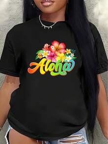 Short-Sleeved Polyester T-Shirt Adorned With Colorful Hawaiian Floral Prints, Lightweight And Durable, Suitable For Beach Vacations Or Everyday Casual Wear, Perfect For Summer Outings And Tropical-Themed Events. Women's Casual Blouse - 黑色 - 查看 7