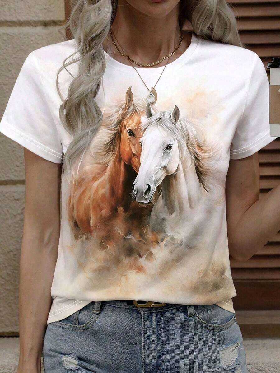 LUNE Camiseta de manga corta con cuello redondo y estampado de elementos de caballo para Halloween para mujer, camisetas gráficas de verano para mujer - Blanco - Ver 1