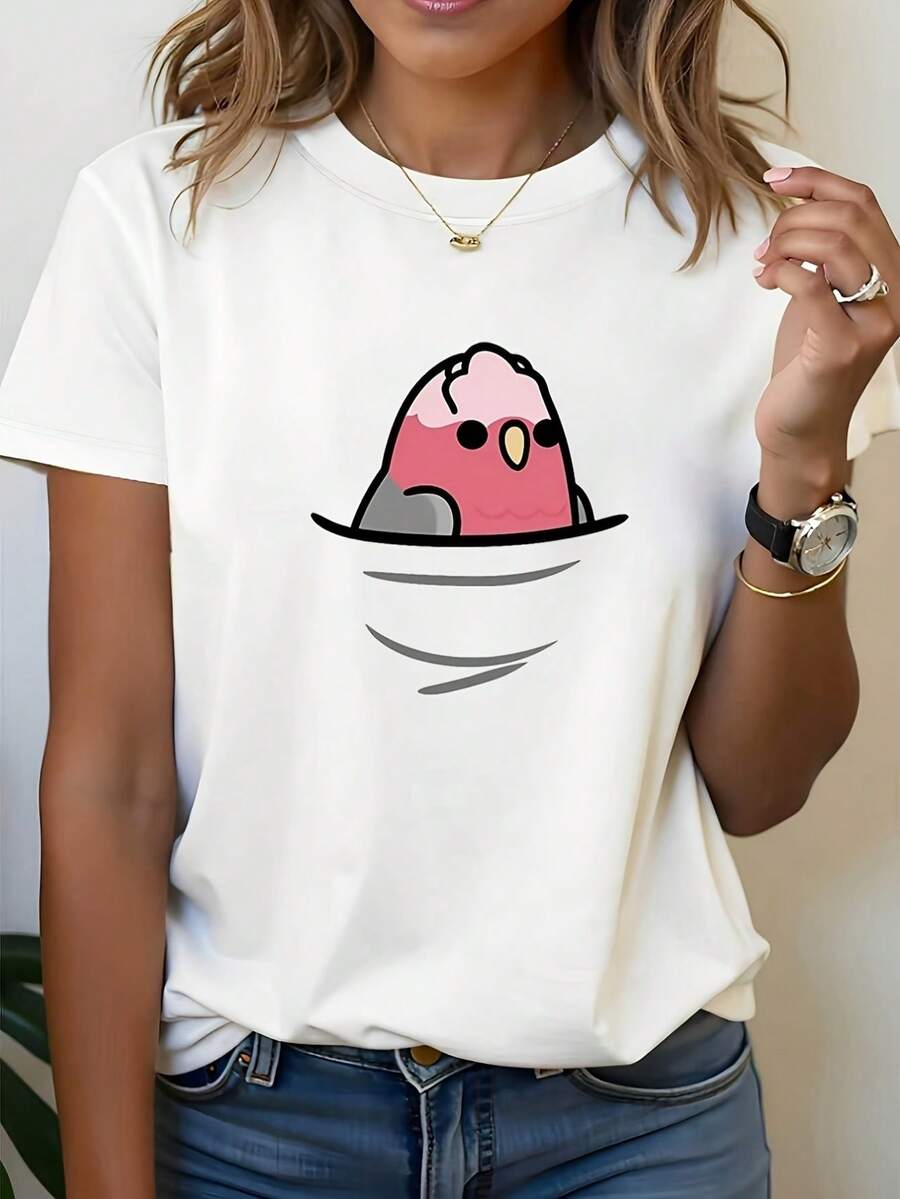 Camiseta Deportiva Casual para Mujer con Gráfico de Pájaro en Estilo Cartoon - Camiseta Elástica y Ligera de Cuello Redondo, Lavable aáquina, Ajuste Cómodo para Todas las Estaciones, Prenda Versátil para un Look Relajado y Divertido. - Blanco - Ver 1