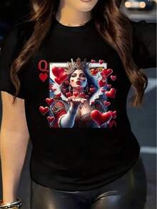 Women's Wo Casual Crew Neck (Love Queen Card Pattern) Shirt, Girls Band/Graphic/Anime/Cartoon/Text Print Women's Cotton Crew Neck T-Shirt, Suitable For Daily Wear, Perfect Holiday Gift, Birthday Gift, Vintage Style, Unisex, Classic Nostalgic, Versatile And Fashionable, Suitable For Street, Made From Comfortable Cotton Fabric With A Delicate And Soft Feel To The Touch. Featuring A Simple Yet Fashionable Design, Machine Washable - Versatile Top For Everyday & Special Occasions Suitable As A Gift.Women's T-Shirt.Blouses>Elegant.Boho Chic,Soft, Breathable And Comfortable Women's Top, Ideal For Spring, Summer And Autumn, Perfect For Vacation, Travel And Daily Use. - 黑色 - 查看 1