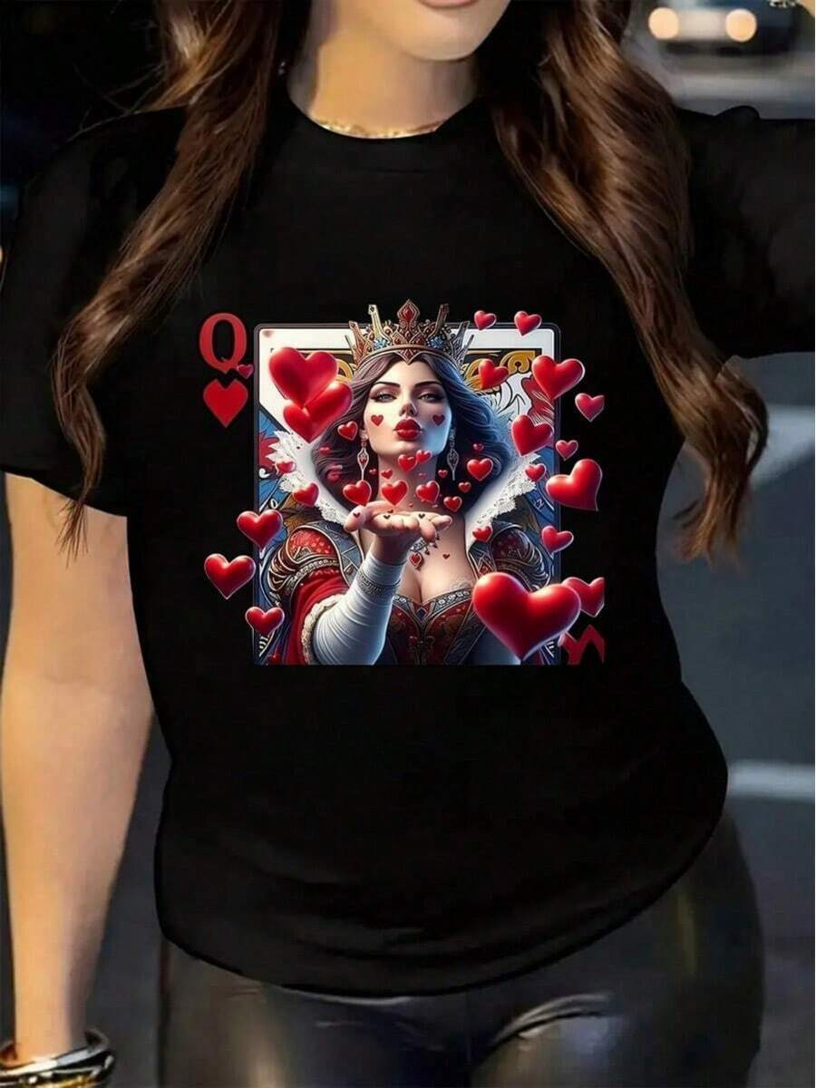 Women's Wo Casual Crew Neck (Love Queen Card Pattern) Shirt, Girls Band/Graphic/Anime/Cartoon/Text Print Women's Cotton Crew Neck T-Shirt, Suitable For Daily Wear, Perfect Holiday Gift, Birthday Gift, Vintage Style, Unisex, Classic Nostalgic, Versatile And Fashionable, Suitable For Street, Made From Comfortable Cotton Fabric With A Delicate And Soft Feel To The Touch. Featuring A Simple Yet Fashionable Design, Machine Washable - Versatile Top For Everyday & Special Occasions Suitable As A Gift.Women's T-Shirt.Blouses>Elegant.Boho Chic,Soft, Breathable And Comfortable Women's Top, Ideal For Spring, Summer And Autumn, Perfect For Vacation, Travel And Daily Use. - 黑色 - 查看 1