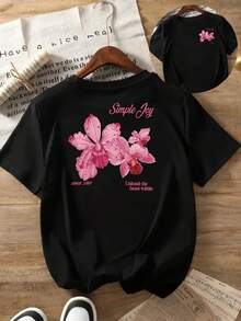 Camiseta Deportiva Casual para Mujer con Diseño Floral Rosa y Texto Cursivo - Camiseta Negra Elástica y de Cuello Redondo, Lavable aáquina, Ajuste Cómodo para Todas las Estaciones. - Negro - Ver 1