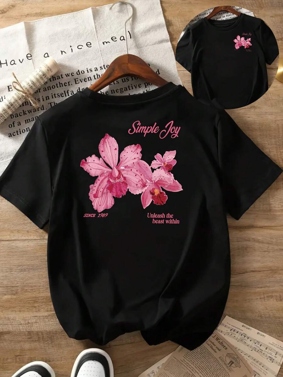Camiseta Deportiva Casual para Mujer con Diseño Floral Rosa y Texto Cursivo - Camiseta Negra Elástica y de Cuello Redondo, Lavable aáquina, Ajuste Cómodo para Todas las Estaciones. - Negro - Ver 1