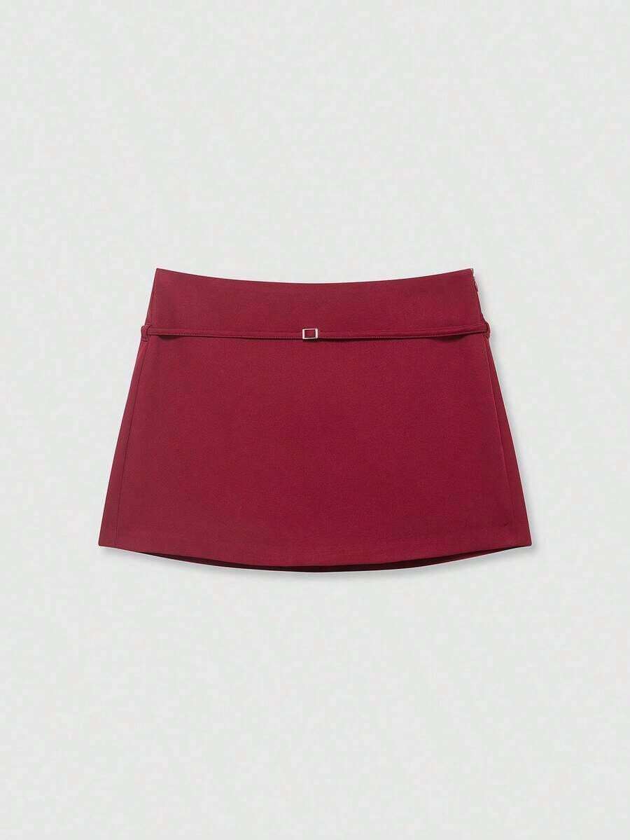 Falda pantalón blanca de verano con cinturón de cremallera de unicolor para mujer - Burdeos - Ver 1