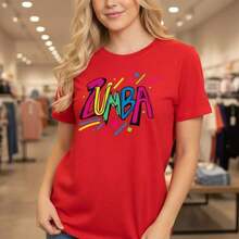 Camiseta de algodón con estampado de Zumba para mujer, camiseta gráfica de manga corta, holgada y casual, tallas grandes S-5XL, top deportivo para entrenamiento físico, camiseta casual de verano con estampado de letras coloridas para mujer. - Rojo - Ver 12