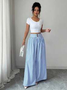 Pantalones anchos y sueltos con botones y rayas para mujer - Azul - Ver 5
