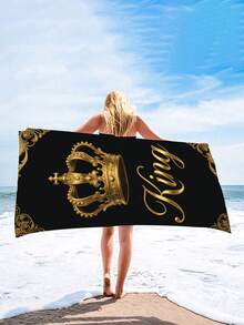 1pc Extra Large Black Gold King Crown Vintage Embossed Beach Towel - Available In Multiple Sizes. Features: Quick-Drying, Soft, Portable, Fashionable, Sand-Proof, Super Absorbent, Made Of Microfiber. Styles: Bohemian, Tropical, Vintage, Humorous, Yoga, Picnic, UV Protection. Ideal For Beach, Pool And Outdoor Activities; Essential Travel Accessory For Camping, Yoga, Gym, Sports And Swimming. Suitable For Both Men And Women. - Crown - View 6