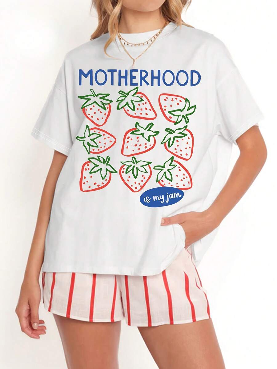 Women's Strawberry Jam Print T-Shirt By SimpieAndVersatileDesign, Women's Pure Cotton Summer Round Neck T-Shirt, Casual Short Sleeve Top, Unique Style For Daily Wear, Loose Fit, Breathable And Soft, Cotton Vacation T-Shirt. - 白色 - 查看 1