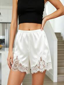 Pantalones cortos de encaje de satén Y2K para mujeres, pantalones cortos casuales de seda, adecuados para el ocio diario en el hogar y salir a usar - Blanco marfil - Ver 4