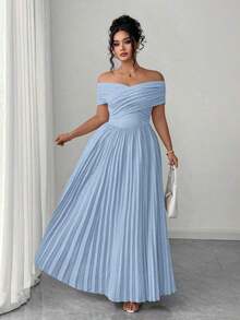 Vestido bandeau con hombros abiertos y cintura fruncida , vestido de graduación elegante y romántico de verano para mujer talla grande, vestido casual de cumpleaños para mujer - Celeste - Ver 3